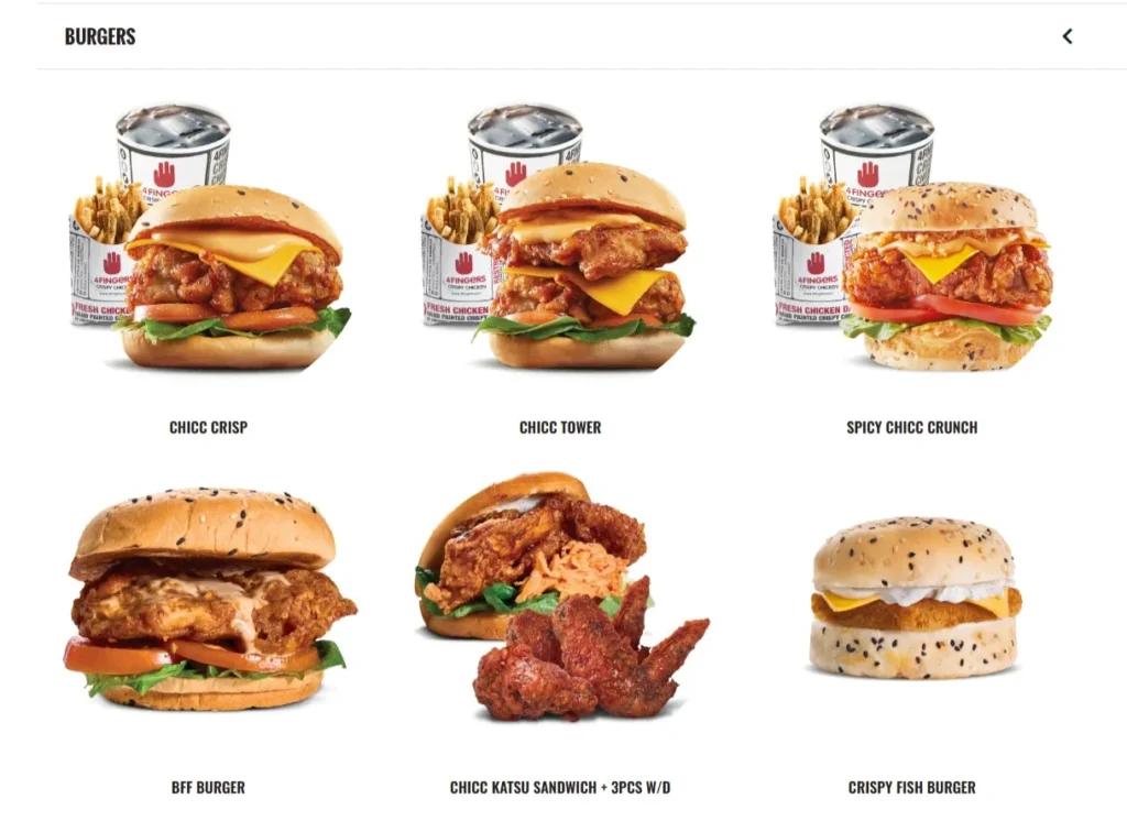 4 Fingers Burgers Menu